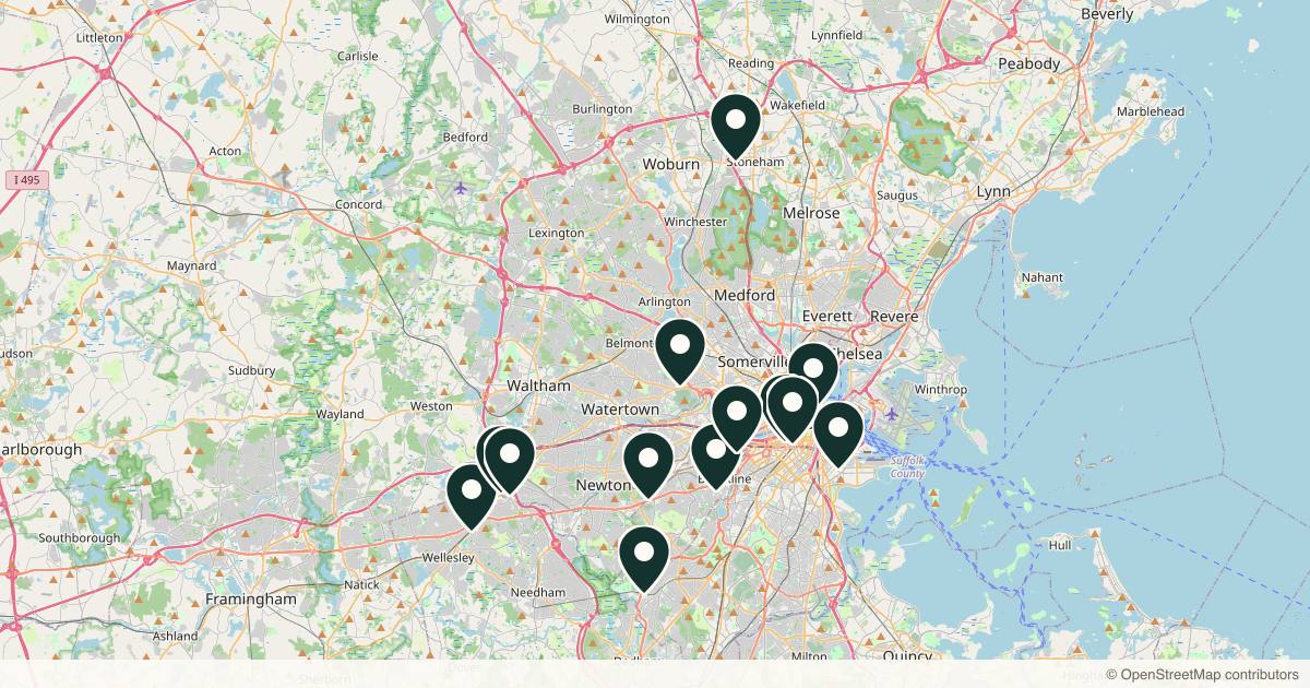 Map of 13 dermatology practices in Boston, Massachusetts