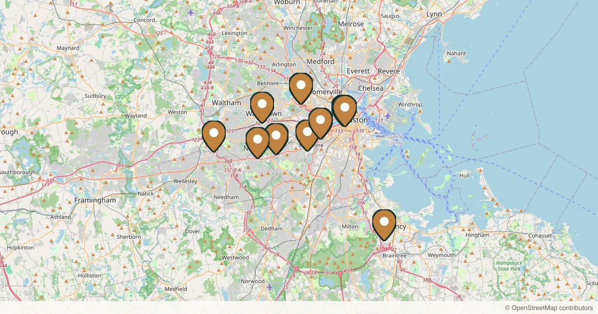 Map of 18 plastic surgery practices in Boston, Massachusetts