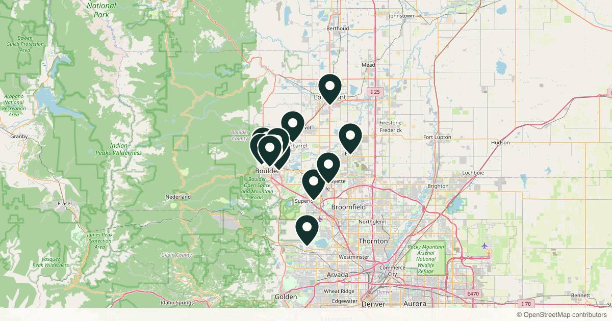 Map of 17 dermatology practices in Boulder, Colorado