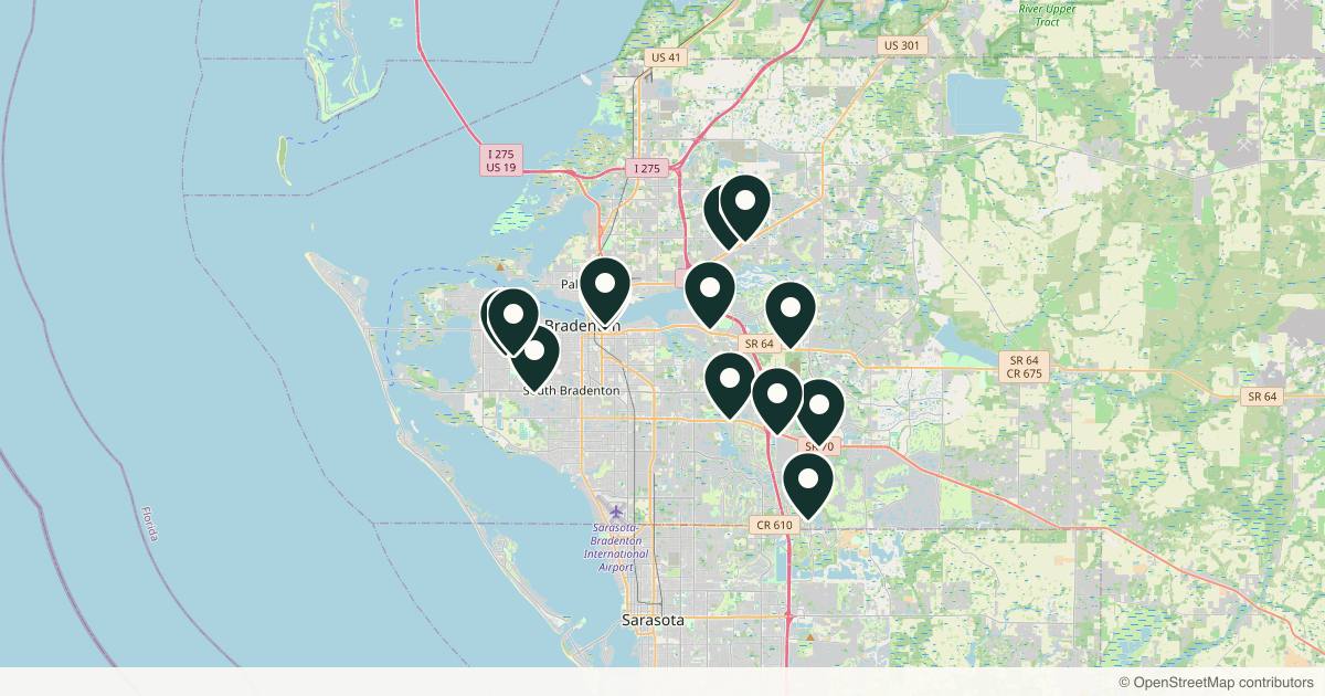Map of 14 dermatology practices in Bradenton, Florida