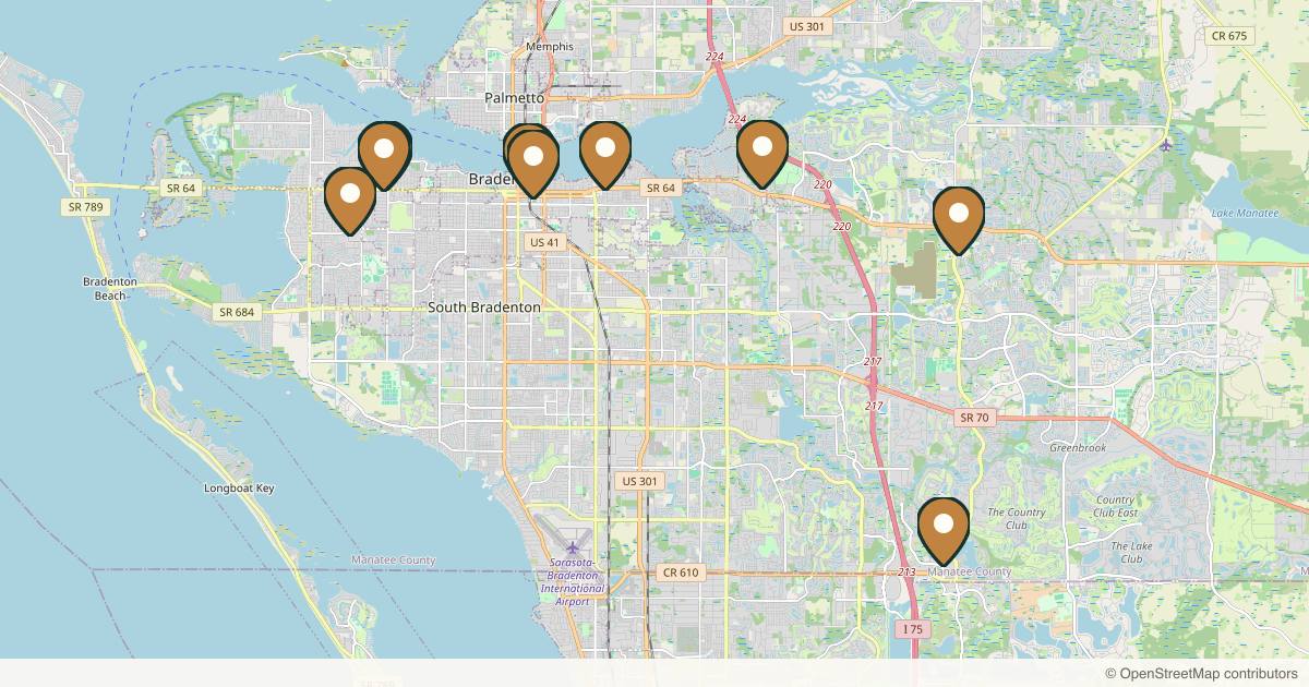 Map of 10 plastic surgery practices in Bradenton, Florida