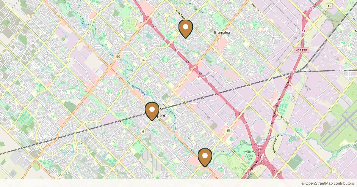 Map of 3 plastic surgery practices in Brampton, Ontario
