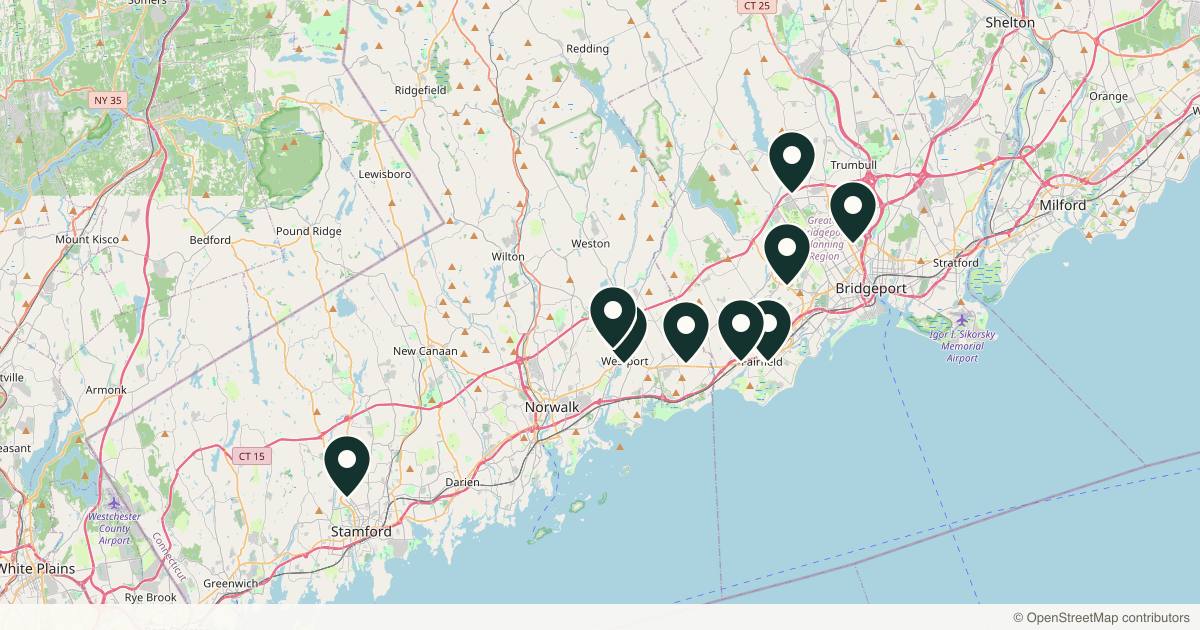 Map of 10 plastic surgery practices in Bridgeport, Connecticut