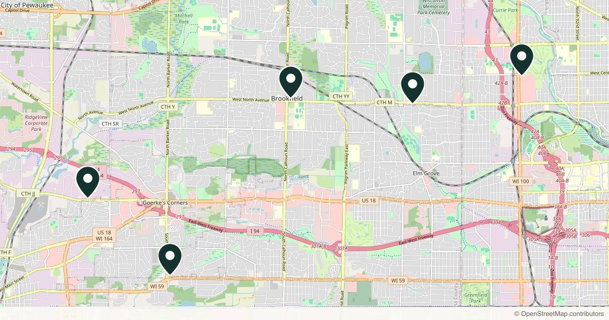 Map of 7 plastic surgery practices in Brookfield, Wisconsin