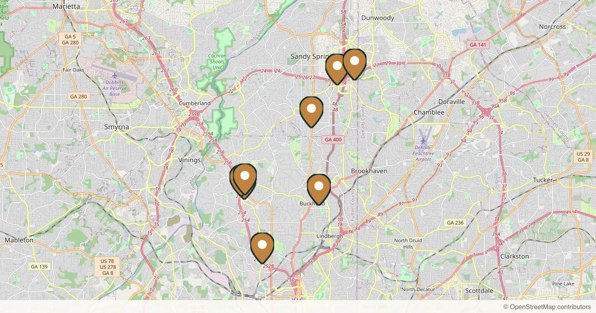 Map of 10 plastic surgery practices in Buckhead, Georgia