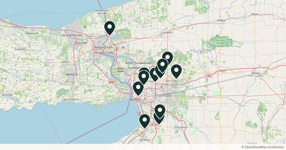 Map of 13 dermatology practices in Buffalo, New York