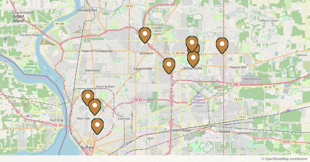 Map of 10 plastic surgery practices in Buffalo, New York