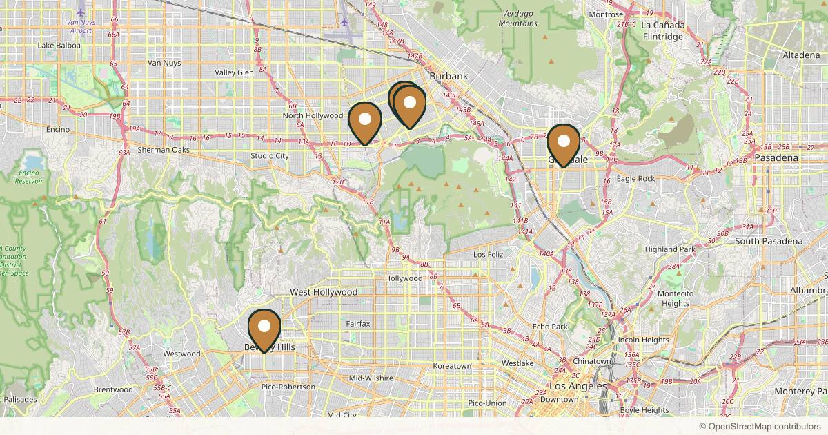 Map of 6 plastic surgery practices in Burbank, California