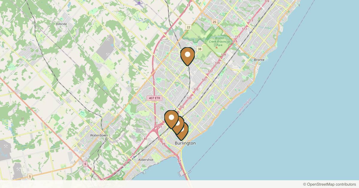 Map of 4 plastic surgery practices in Burlington, Ontario