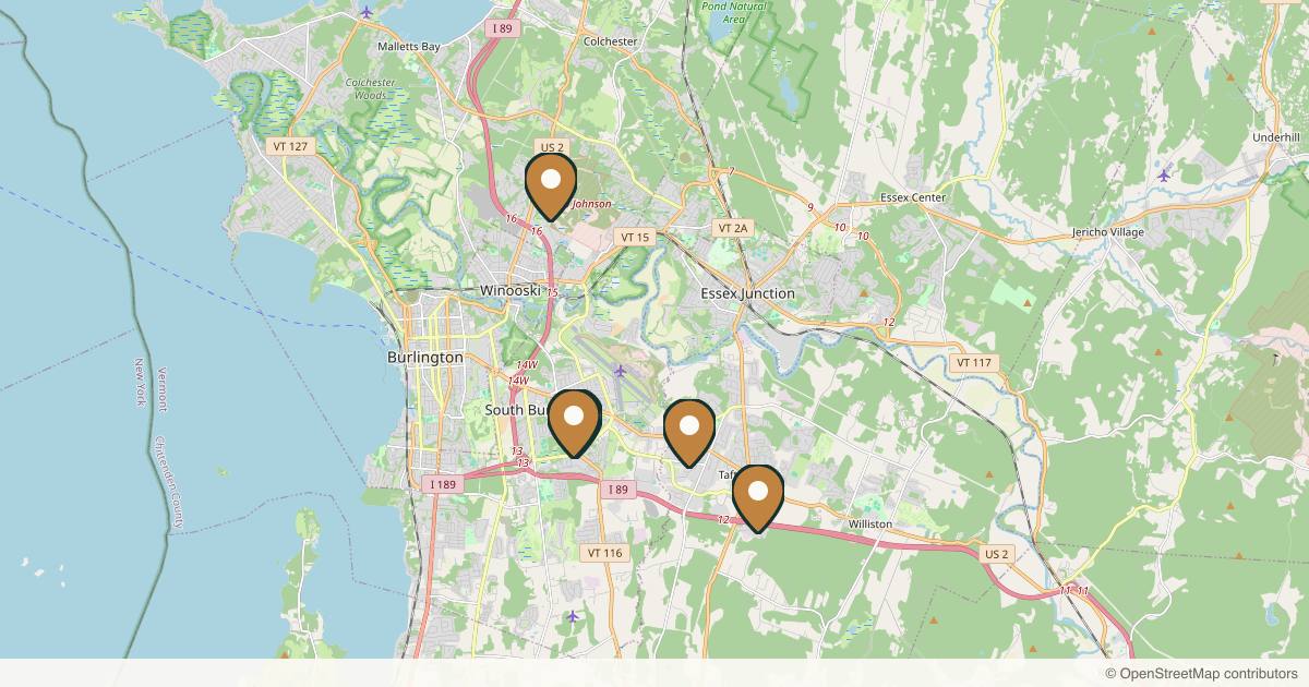 Map of 5 plastic surgery practices in Burlington, Vermont