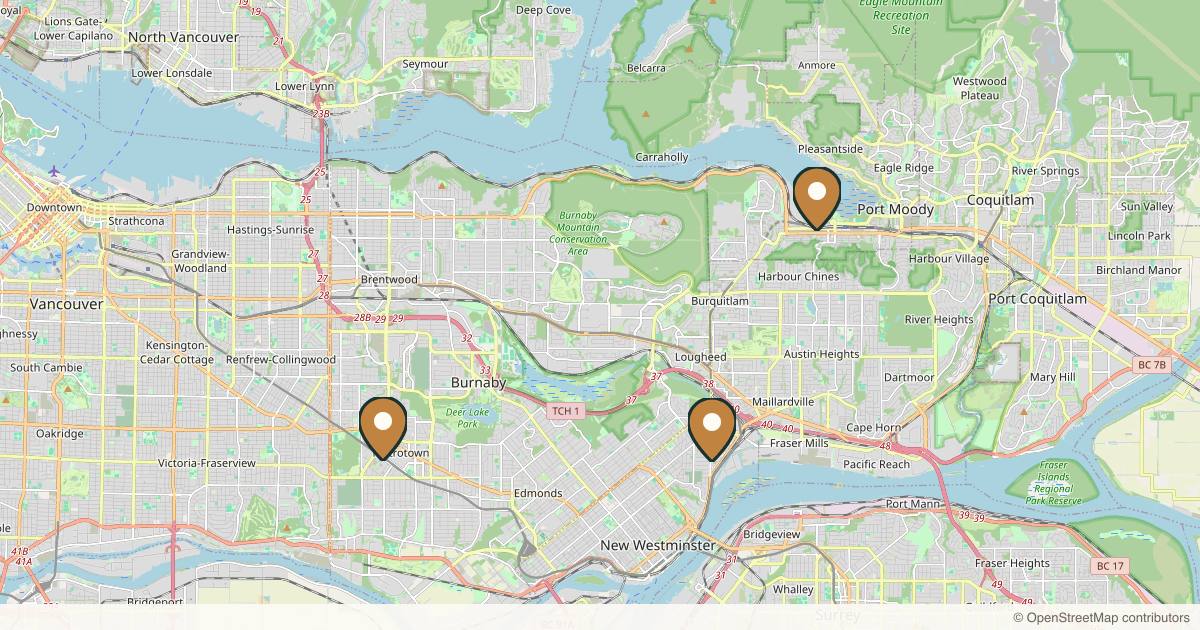 Map of 3 plastic surgery practices in Burnaby, British Columbia
