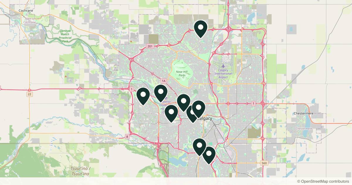 Map of 10 dermatology practices in Calgary, Alberta
