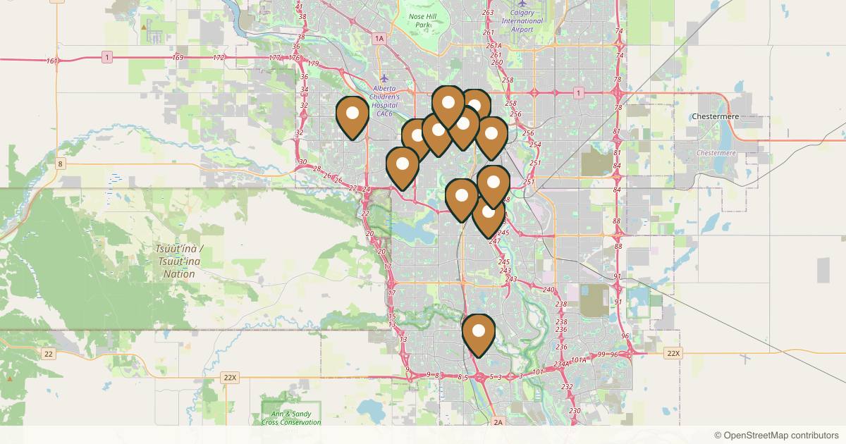 Map of 15 plastic surgery practices in Calgary, Alberta