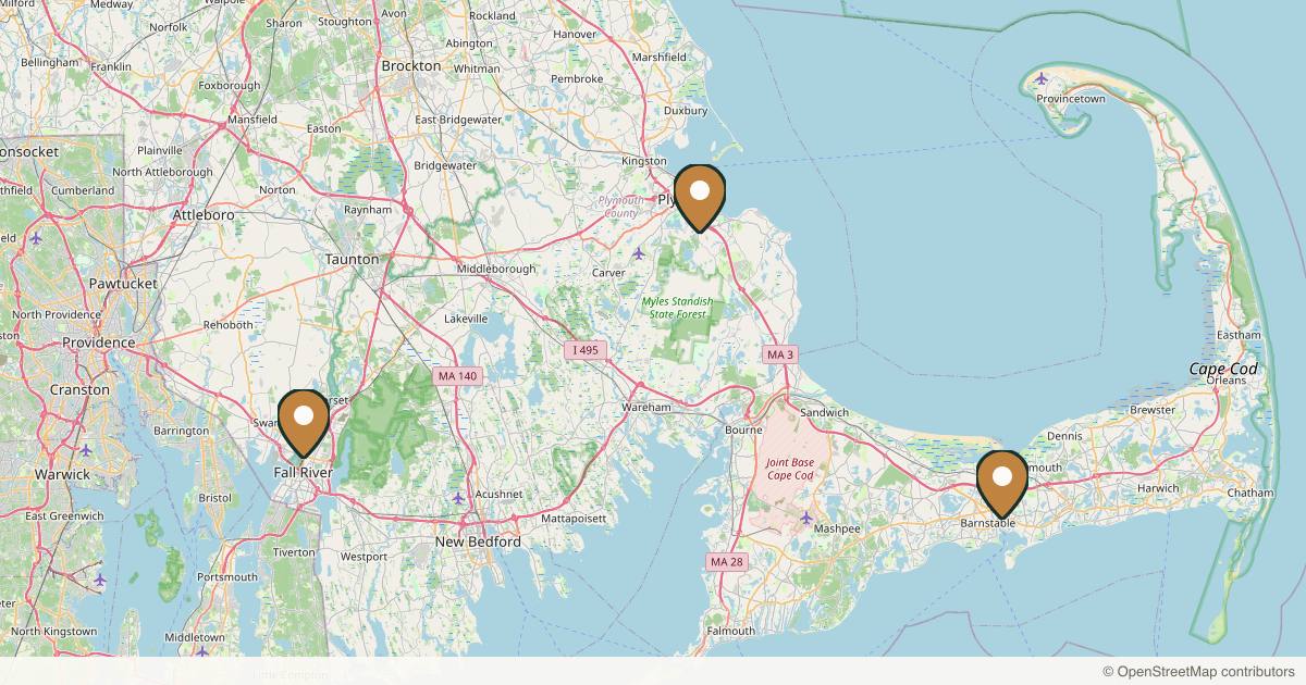Map of 3 plastic surgery practices in Cape Cod, Massachusetts