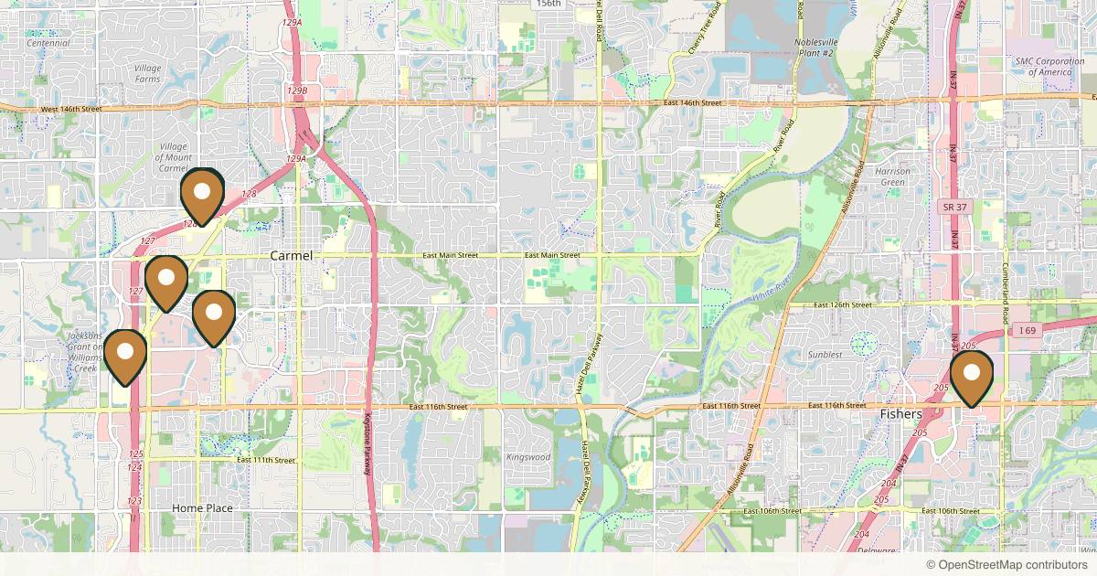 Map of 6 plastic surgery practices in Carmel, Indiana
