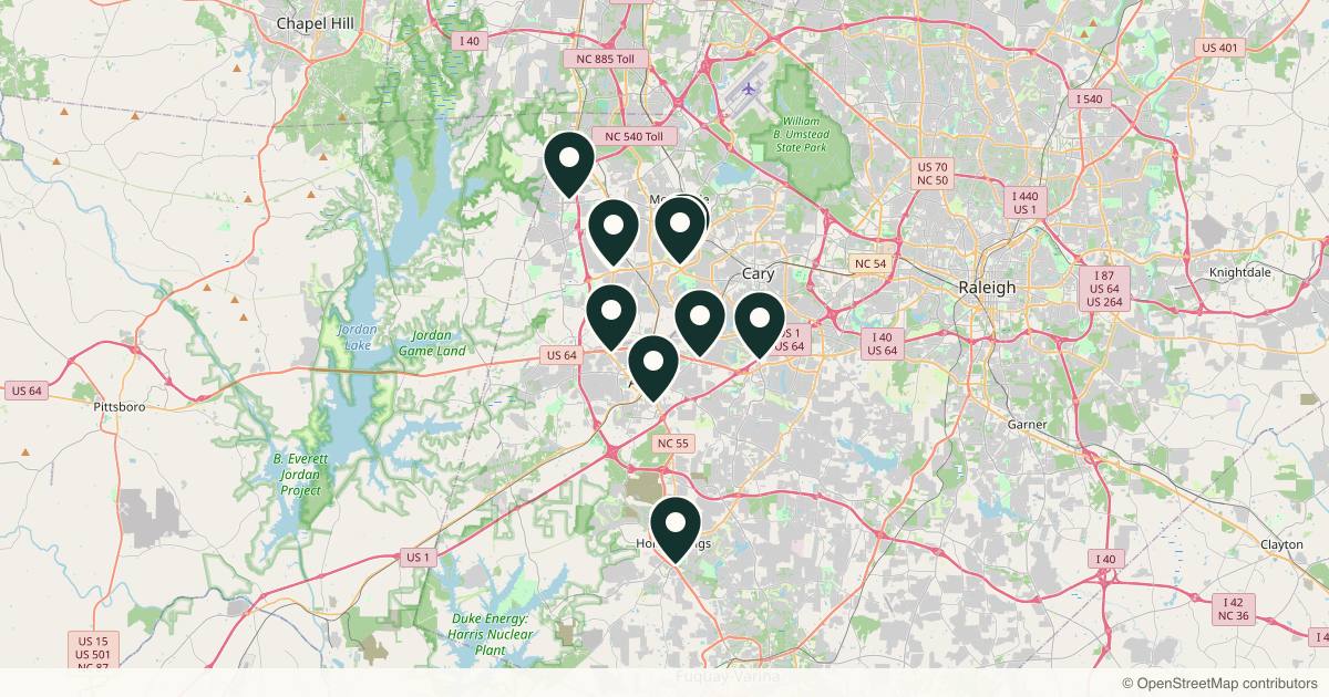 Map of 10 dermatology practices in Cary, North Carolina