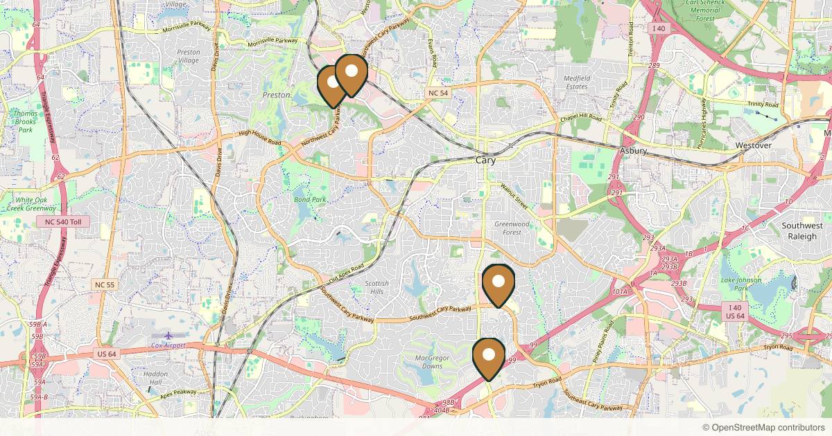Map of 5 plastic surgery practices in Cary, North Carolina