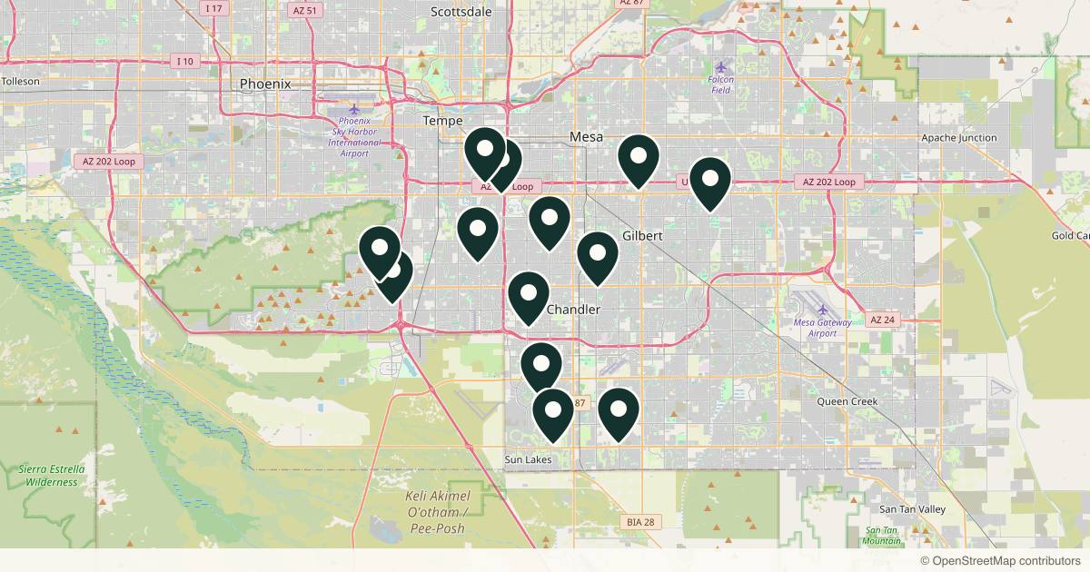 Map of 13 dermatology practices in Chandler, Arizona