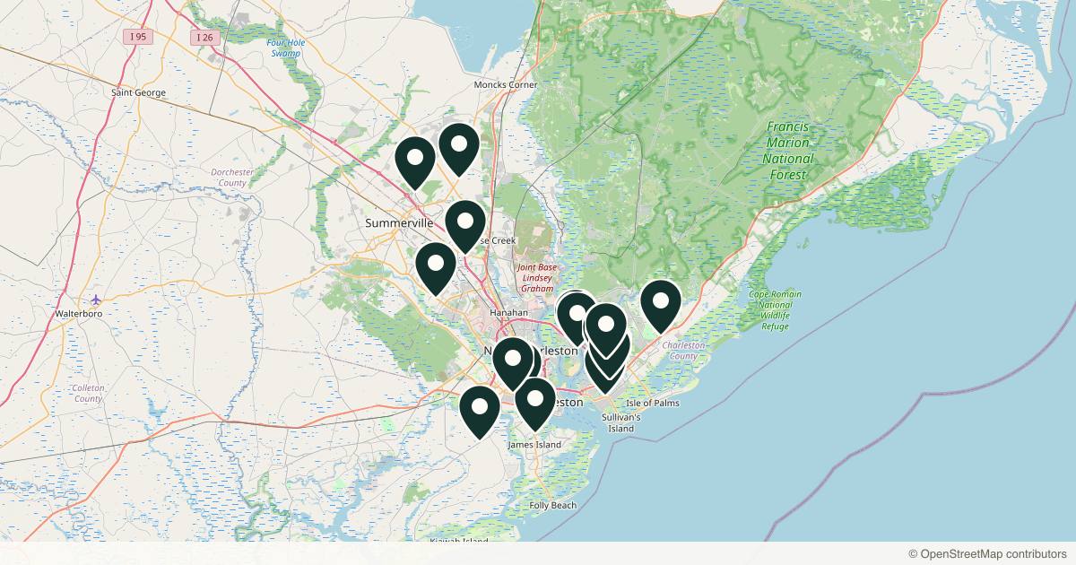 Map of 17 dermatology practices in Charleston, South Carolina