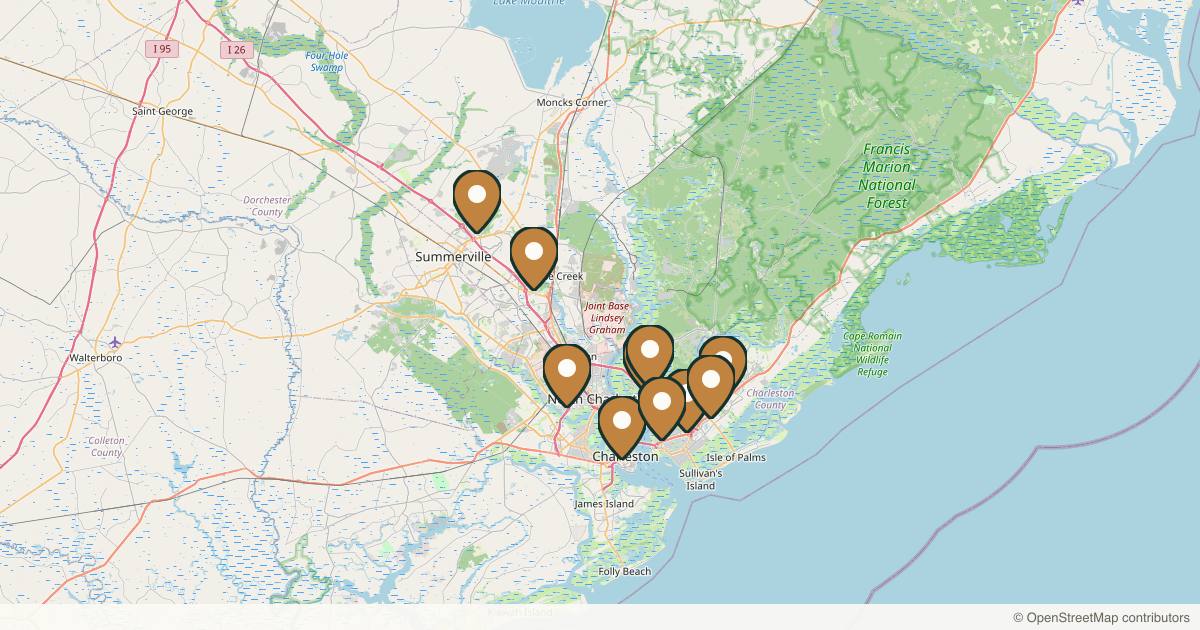 Map of 10 plastic surgery practices in Charleston, South Carolina