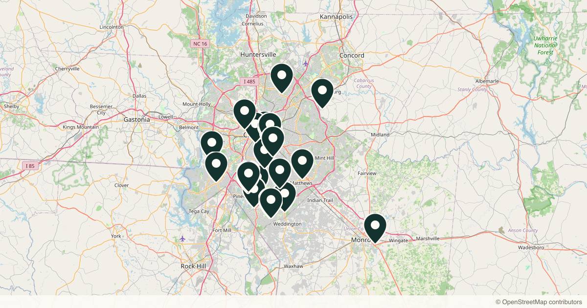 Map of 29 dermatology practices in Charlotte, North Carolina