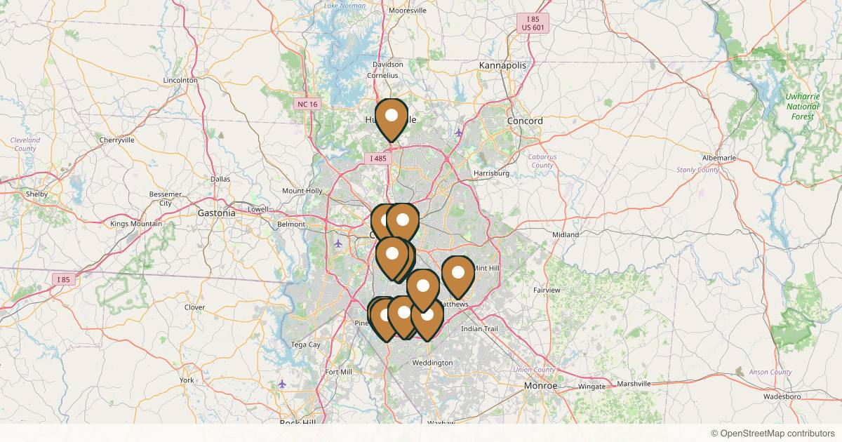 Map of 18 plastic surgery practices in Charlotte, North Carolina