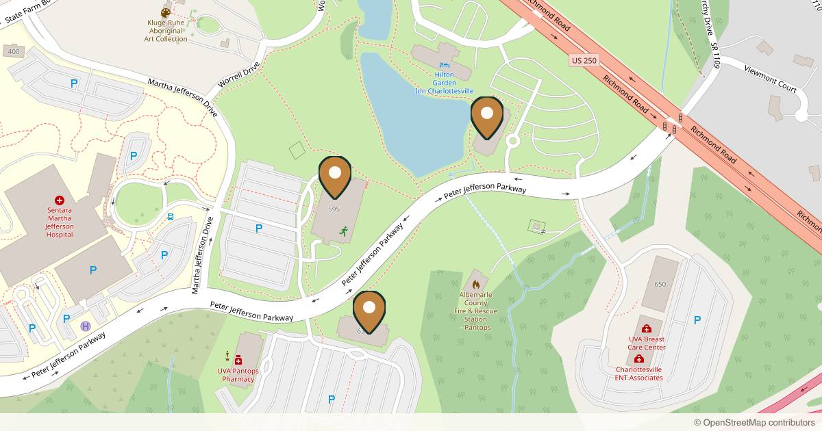 Map of 4 plastic surgery practices in Charlottesville, Virginia