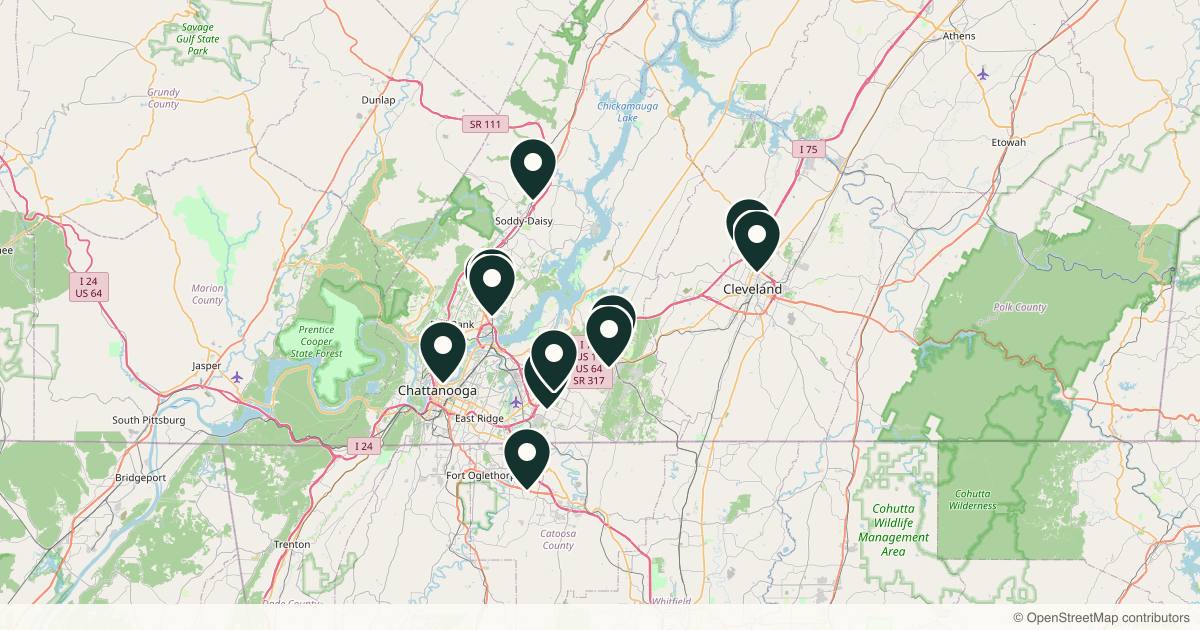 Map of 15 dermatology practices in Chattanooga, Tennessee