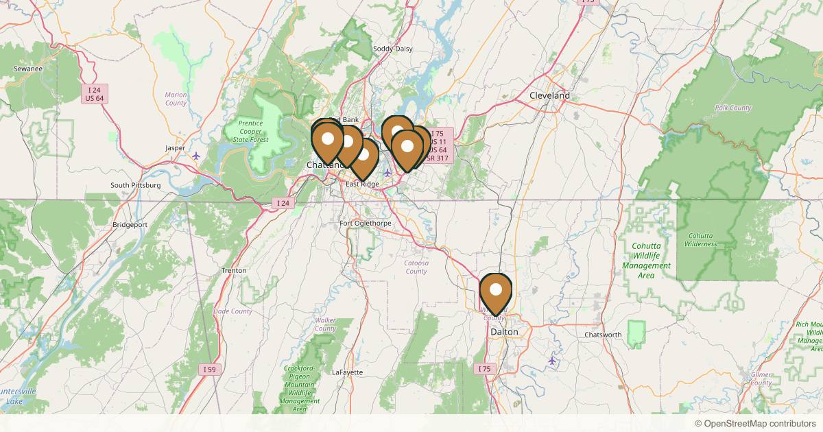 Map of 10 plastic surgery practices in Chattanooga, Tennessee