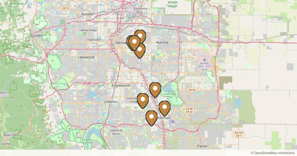 Map of 10 plastic surgery practices in Cherry Creek, Colorado
