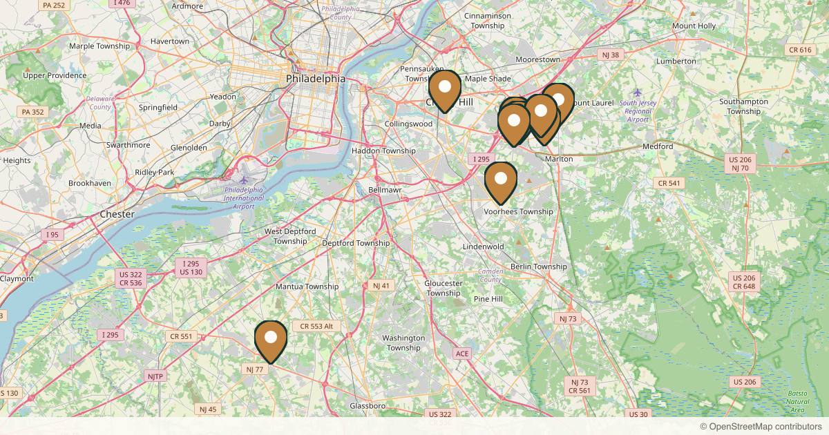 Map of 10 plastic surgery practices in Cherry Hill, New Jersey