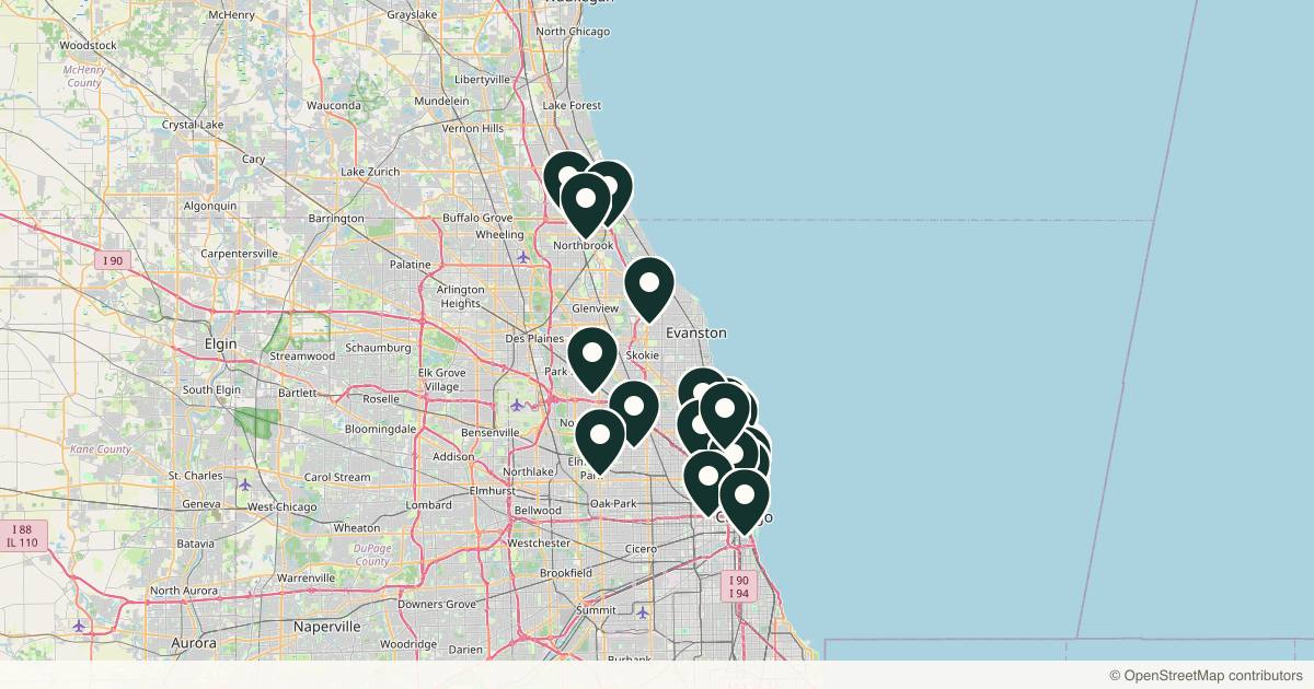 Map of 32 dermatology practices in Chicago, Illinois