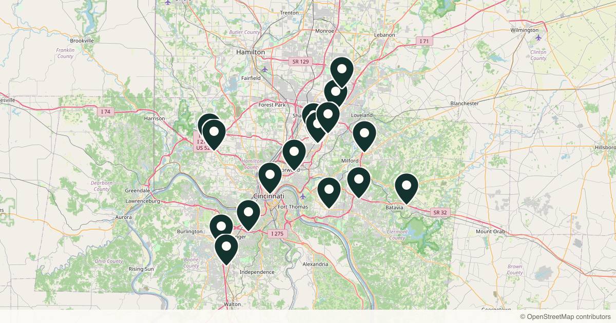 Map of 20 dermatology practices in Cincinnati, Ohio
