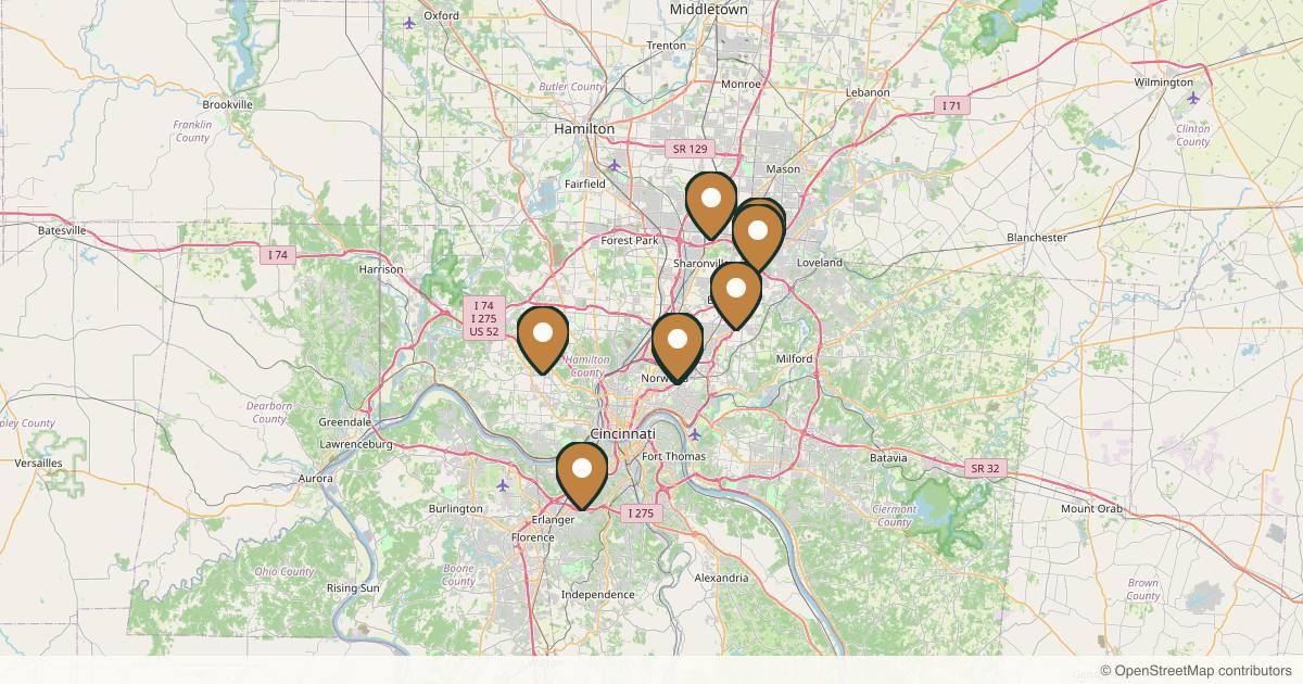 Map of 10 plastic surgery practices in Cincinnati, Ohio
