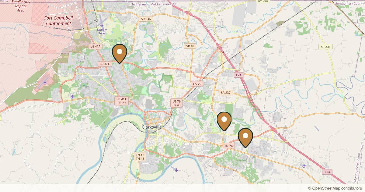 Map of 3 plastic surgery practices in Clarksville, Tennessee