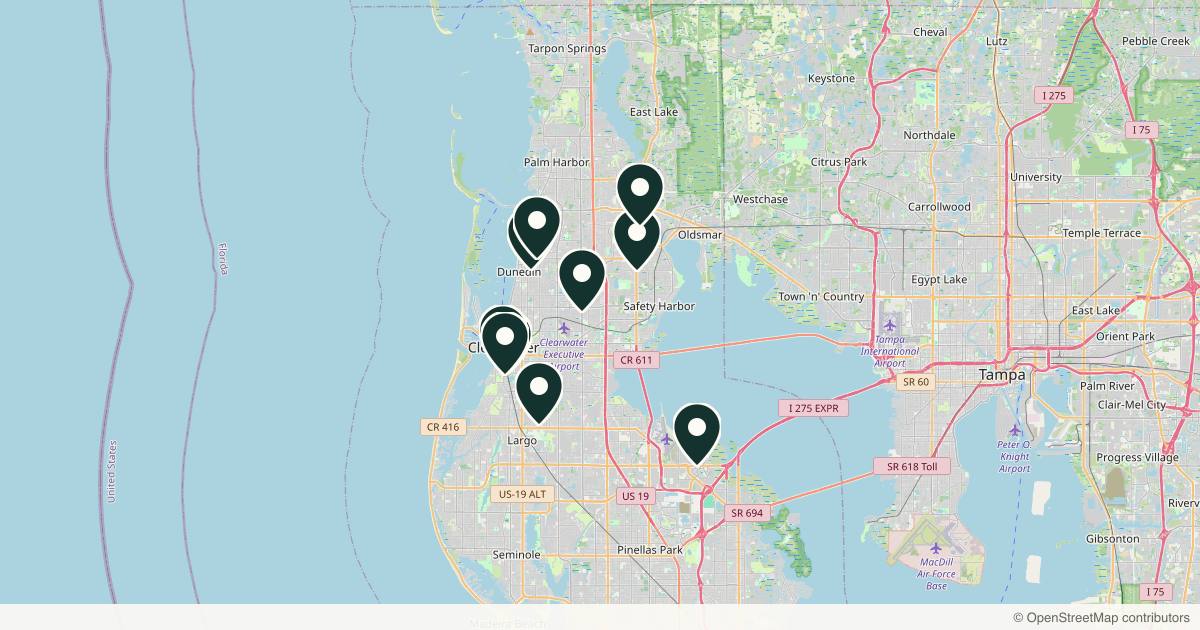 Map of 10 dermatology practices in Clearwater, Florida