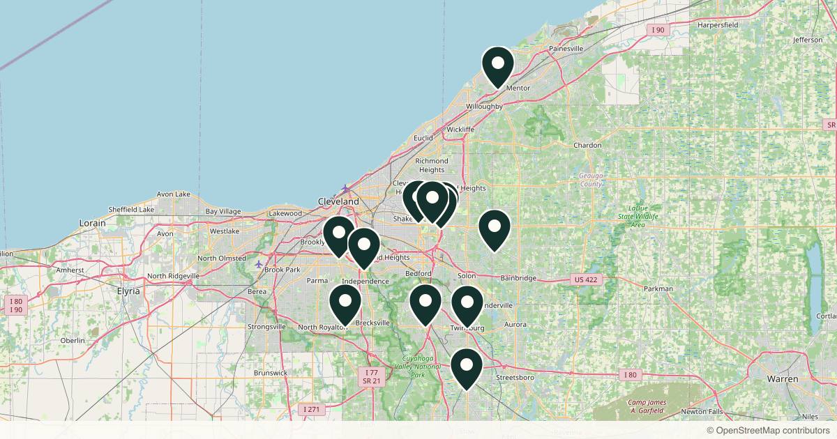 Map of 14 dermatology practices in Cleveland, Ohio