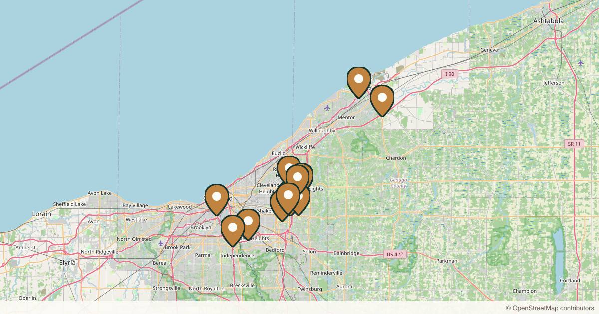 Map of 19 plastic surgery practices in Cleveland, Ohio