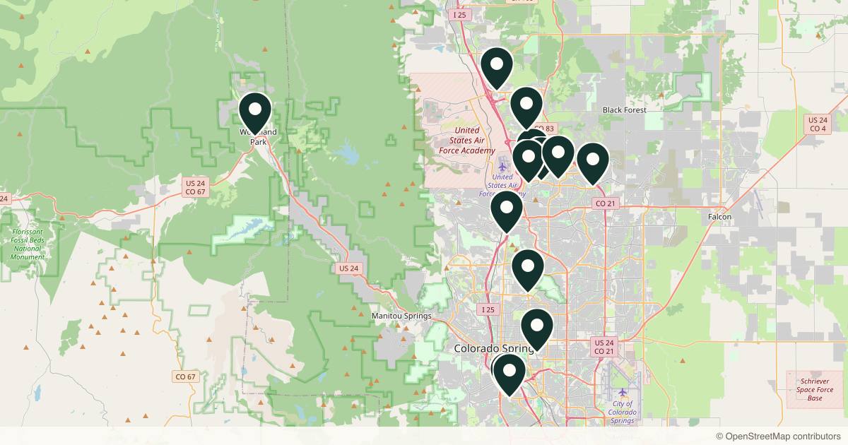 Map of 13 dermatology practices in Colorado Springs, Colorado