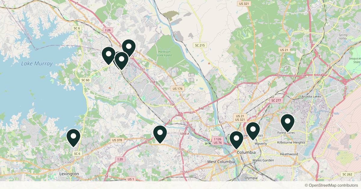 Map of 9 dermatology practices in Columbia, South Carolina