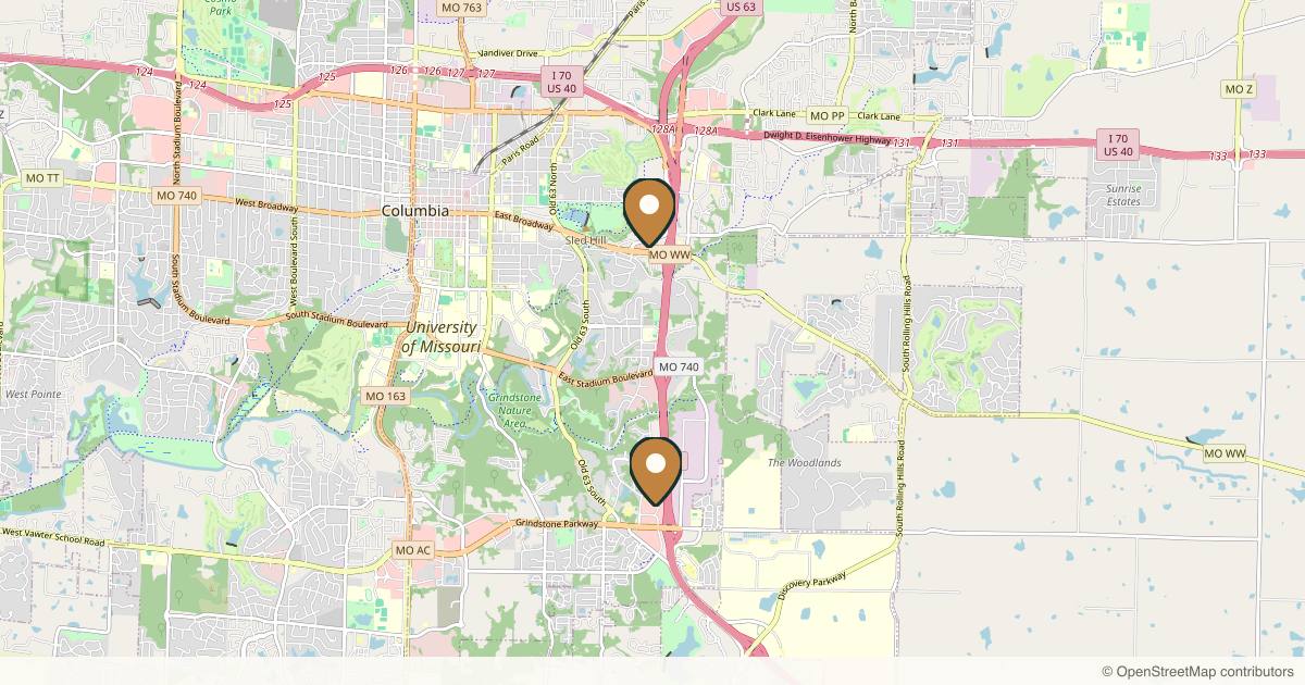 Map of 4 plastic surgery practices in Columbia, Missouri