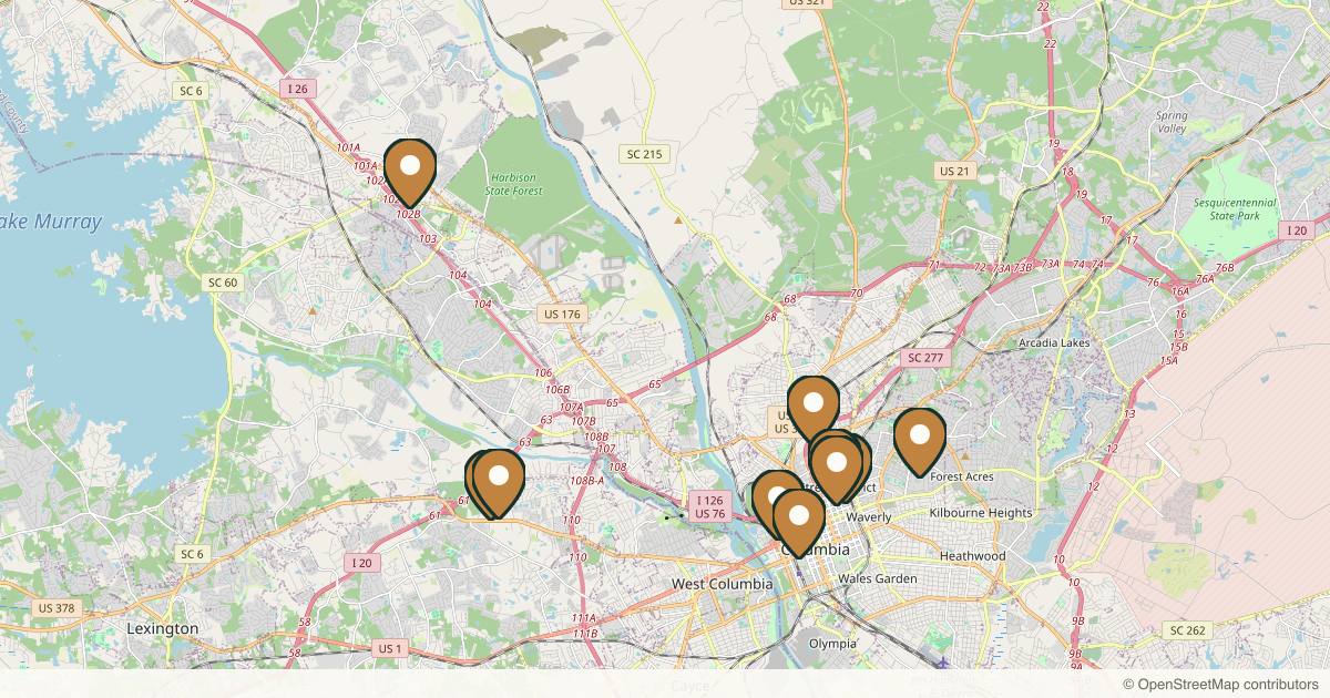 Map of 10 plastic surgery practices in Columbia, South Carolina