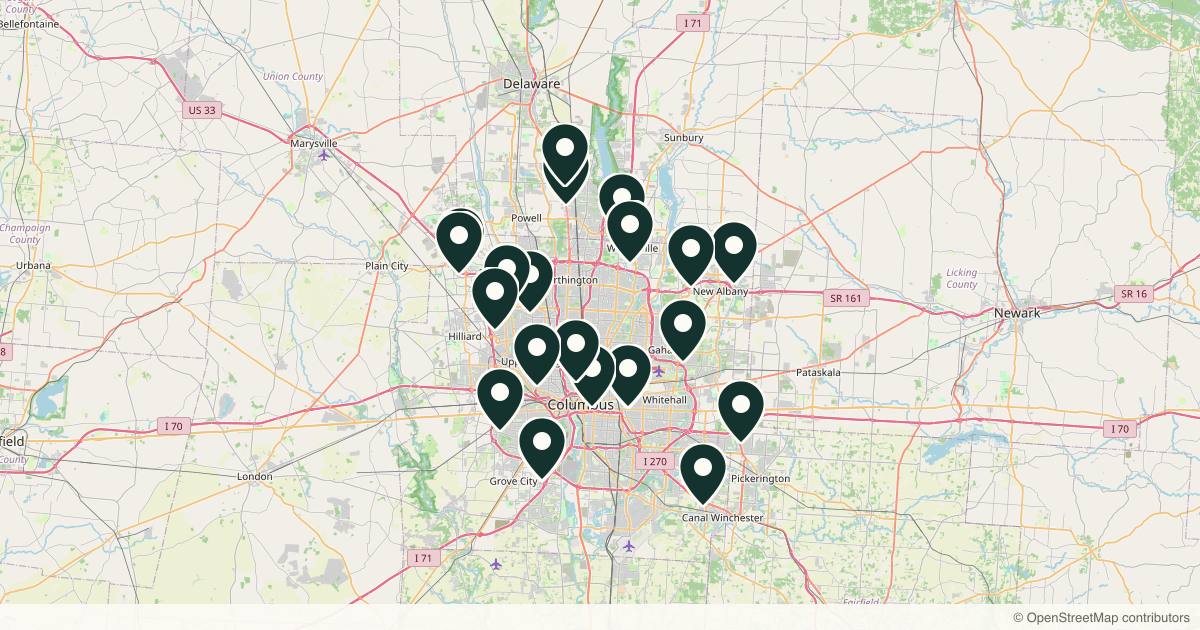 Map of 25 dermatology practices in Columbus, Ohio