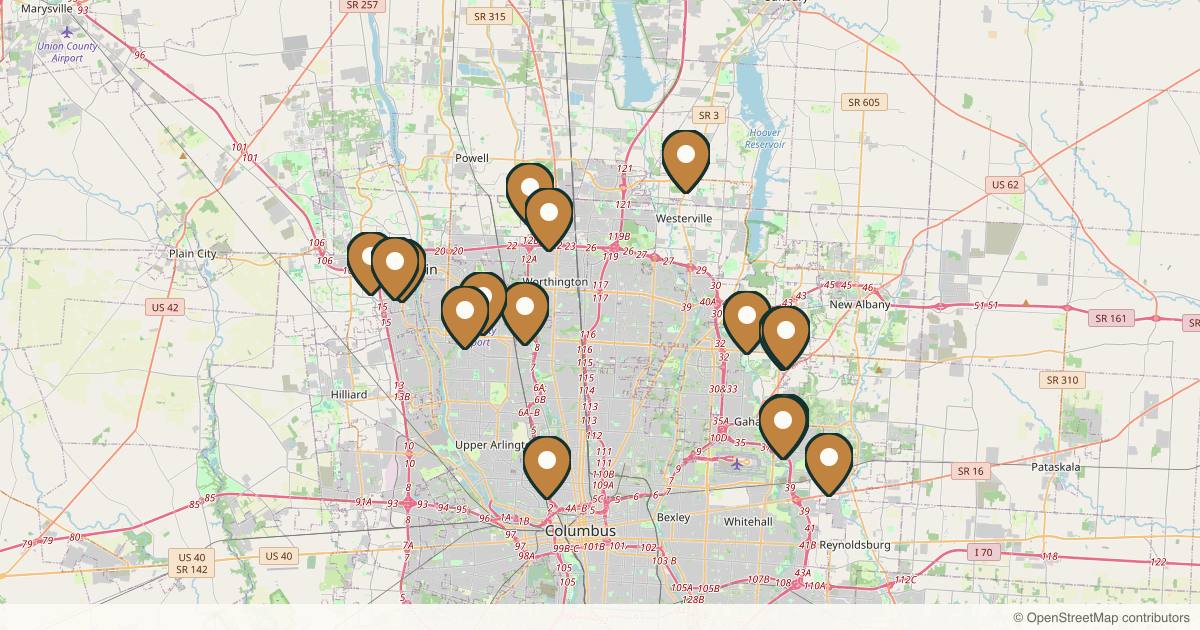 Map of 18 plastic surgery practices in Columbus, Ohio