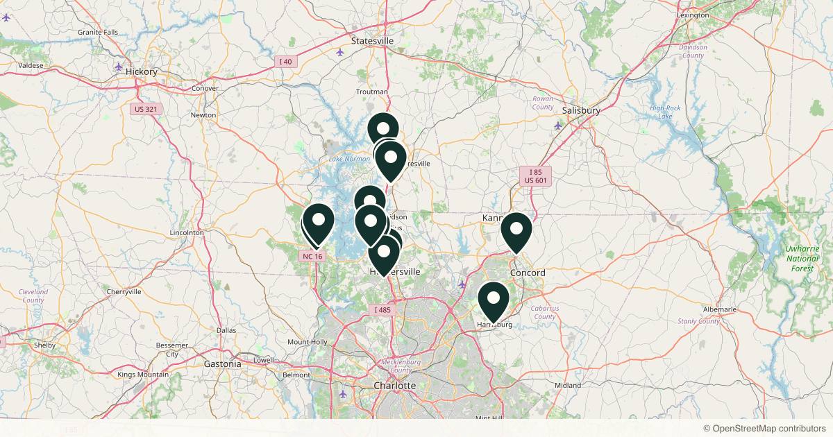 Map of 17 dermatology practices in Concord, North Carolina
