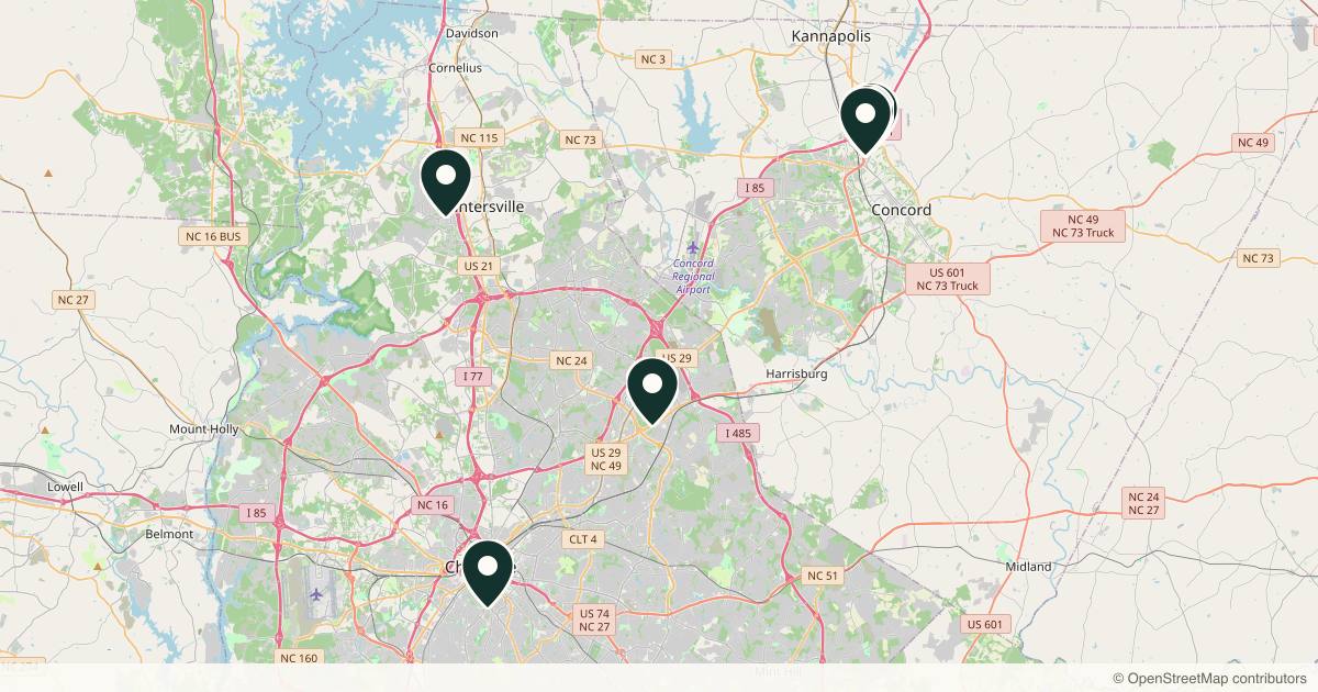 Map of 10 plastic surgery practices in Concord, North Carolina