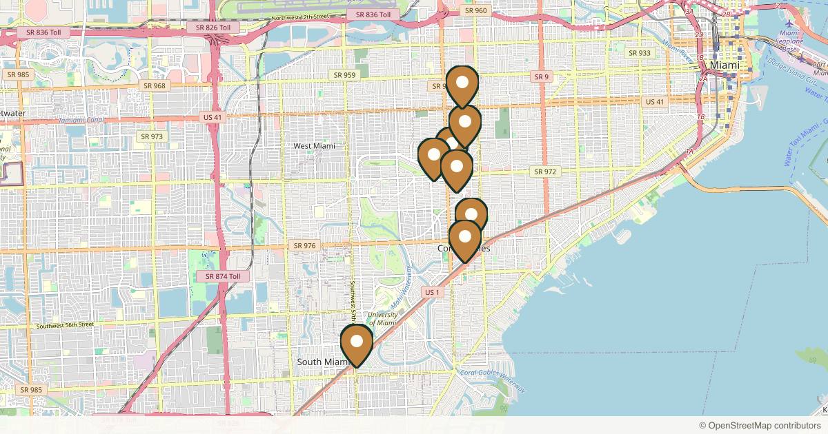 Map of 10 plastic surgery practices in Coral Gables, Florida