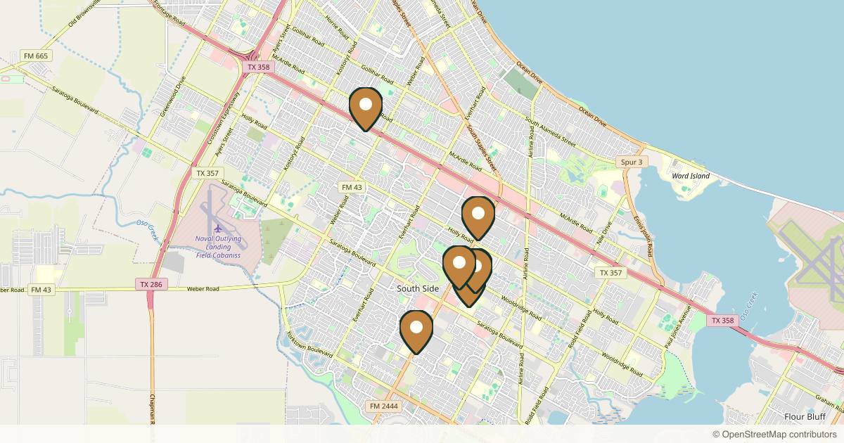 Map of 7 plastic surgery practices in Corpus Christi, Texas