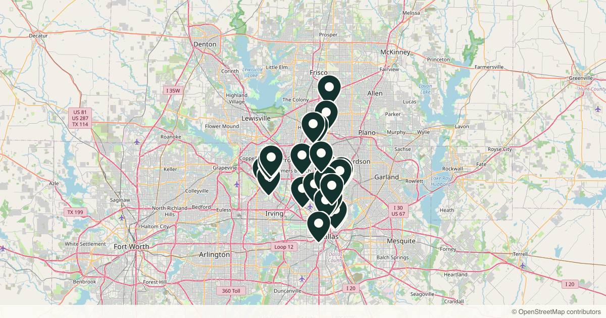 Map of 32 dermatology practices in Dallas, Texas