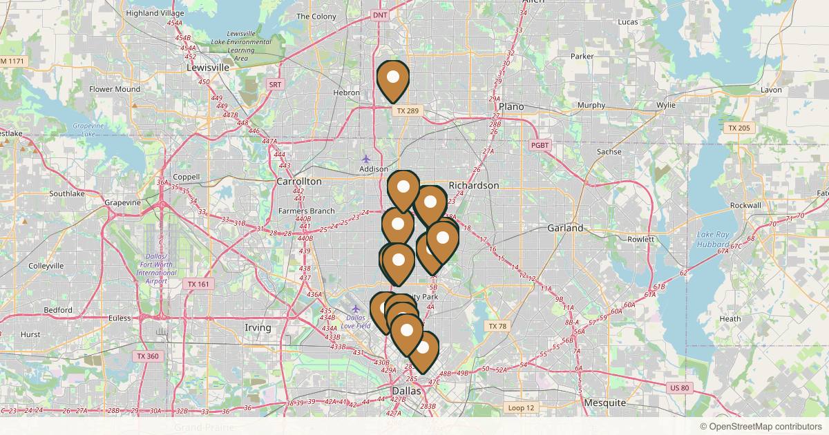 Map of 35 plastic surgery practices in Dallas, Texas